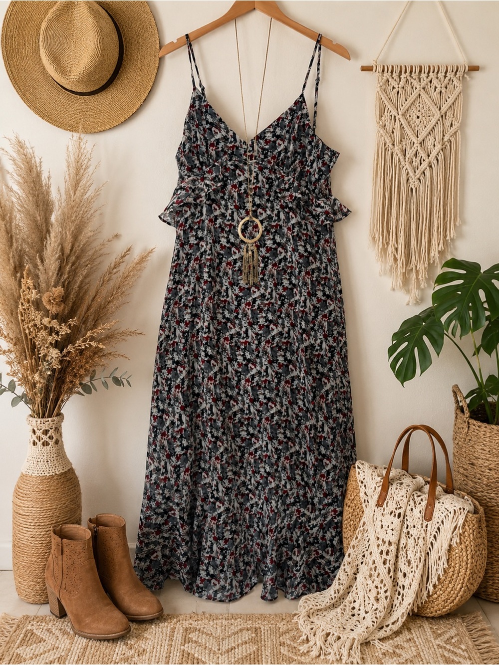 Sage Floral Maxi Dress Spaghetti Strap Ruffle Boho Cottagecore Summer Dress